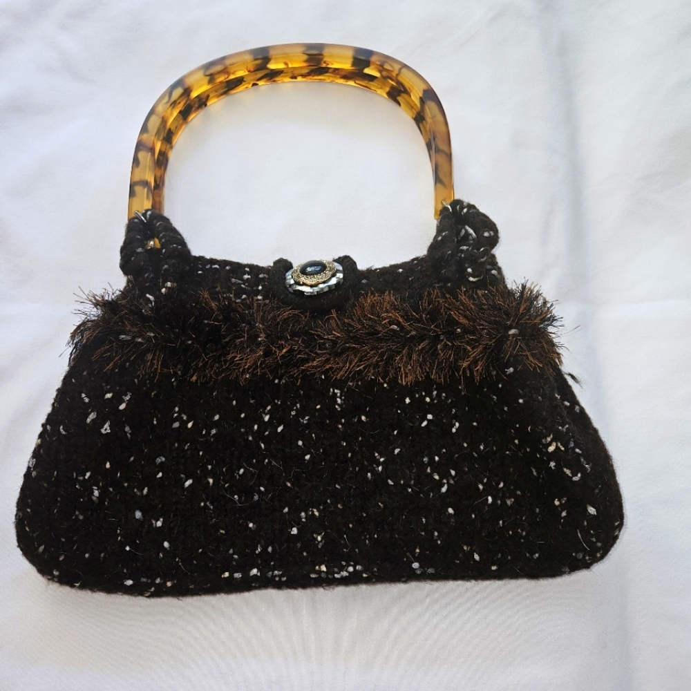 Stylish Wool large Handbag with Trendy Animal Print Handles